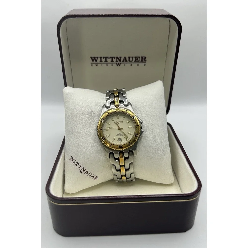 Vintage Wittnauer TT  Longlife 100m‎ Time Date Quartz Two Tone Men Watch W Box